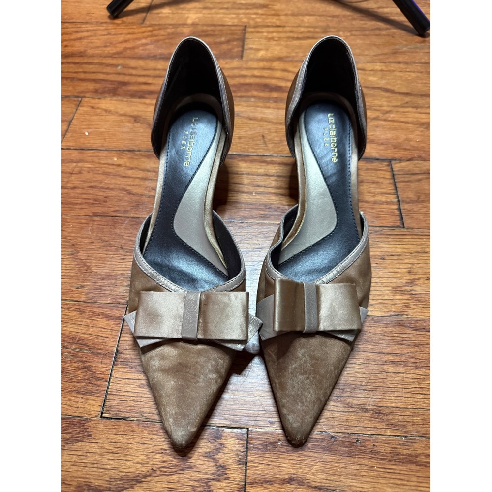 Liz Claiborne Flex Womens Bronze Satin Bow D'Orsay‎ Pointed Toe Kitten Heels 6M